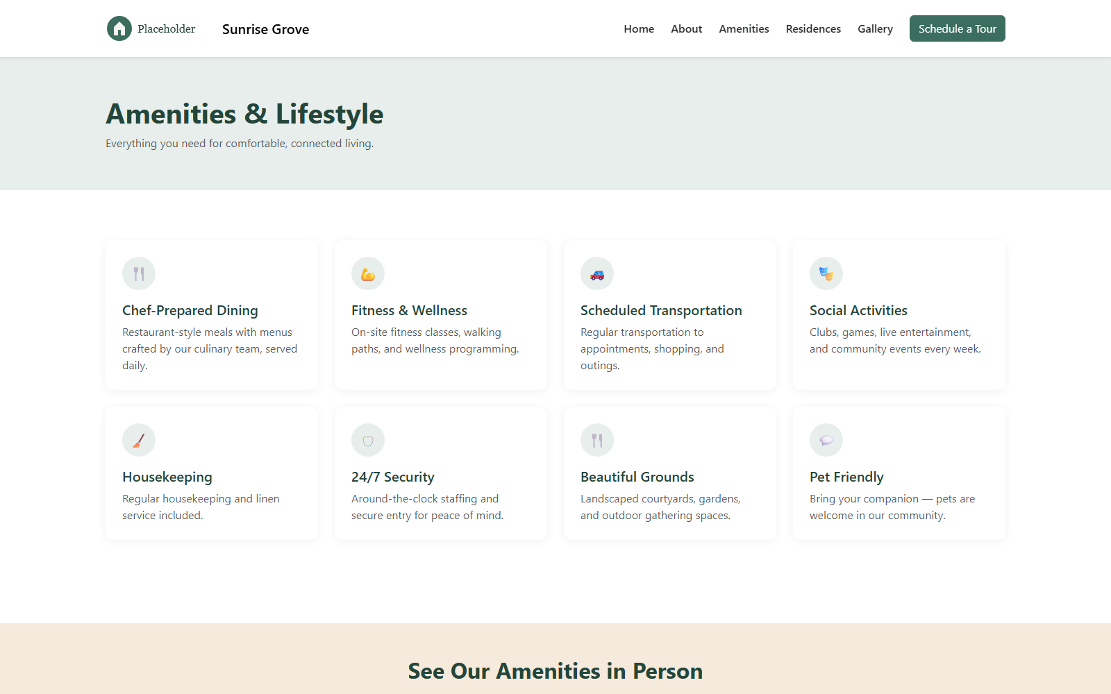 Screenshot of the Sunrise Grove Amenities page