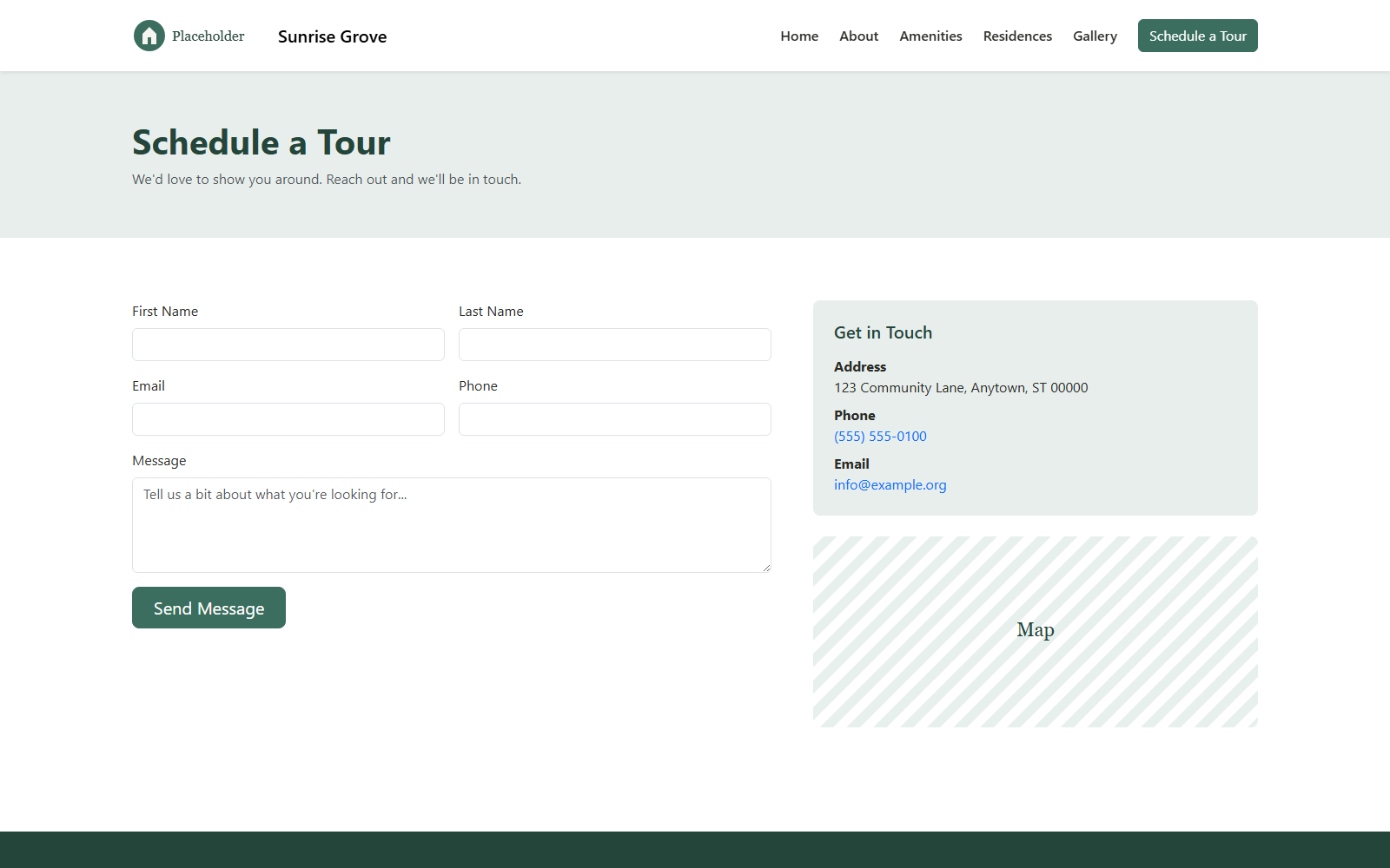 Screenshot of the Sunrise Grove Contact page