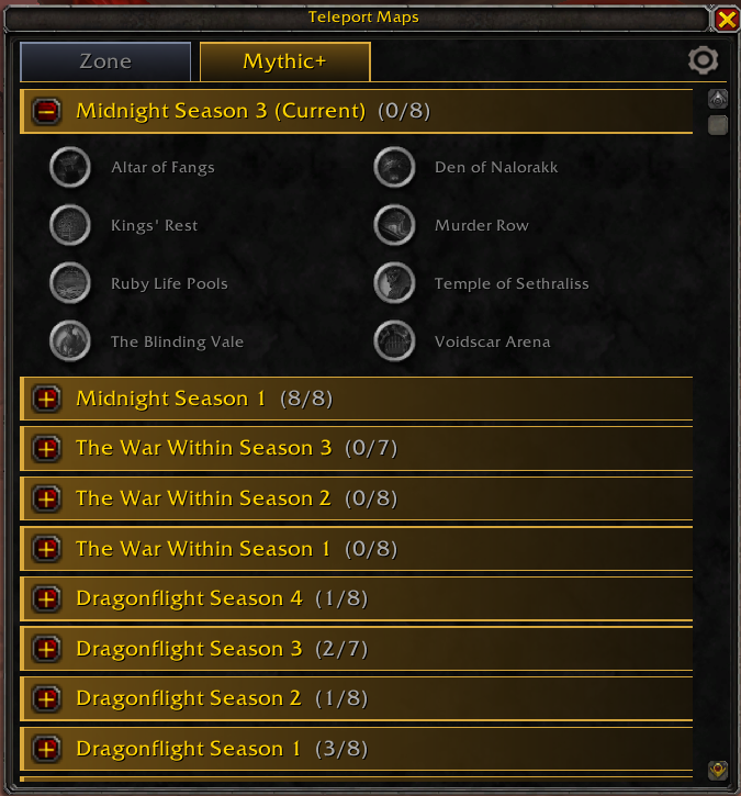 Teleport browser on the Mythic+ tab, with dungeon teleports grouped by season