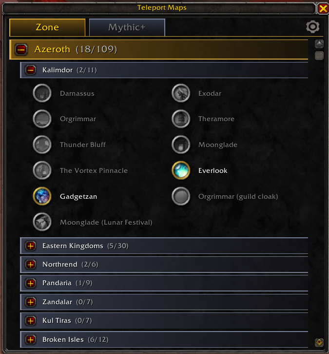 Teleport browser on the Zone tab, with Azeroth expanded into Kalimdor and usable teleports highlighted