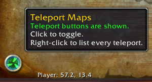 Map toggle button tooltip: Teleport buttons are shown. Click to toggle. Right-click to list every teleport.