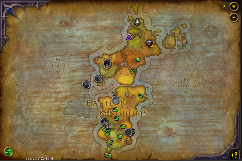 The Eastern Kingdoms World Map with gold-ringed teleport buttons placed over each destination