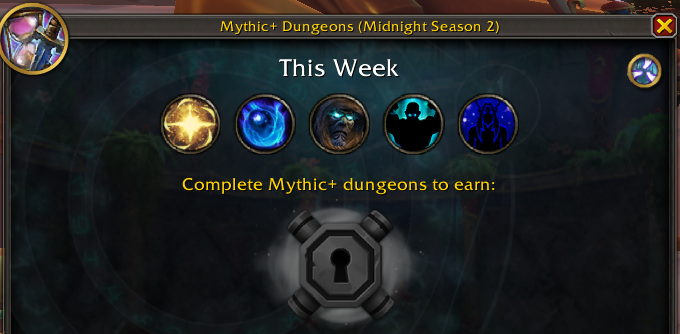 Group Finder Mythic+ Dungeons screen with a portal icon in the top-right corner
