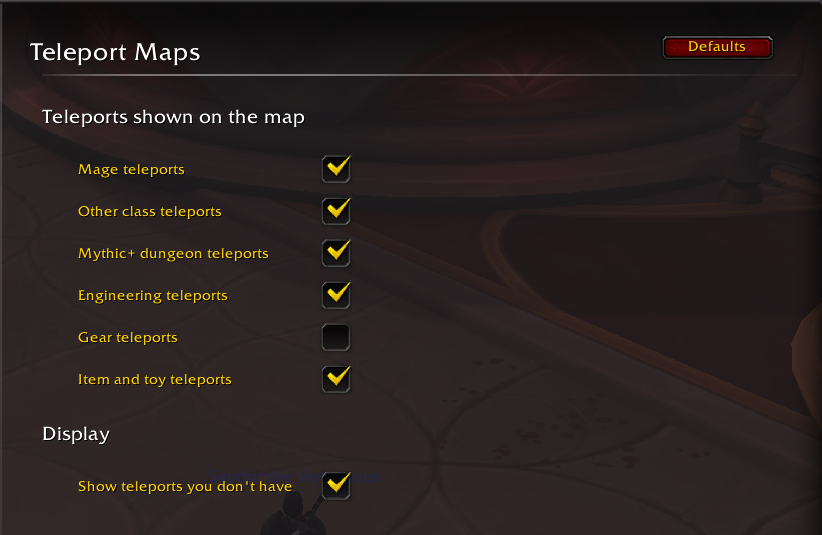 Addon settings page with one checkbox per teleport category