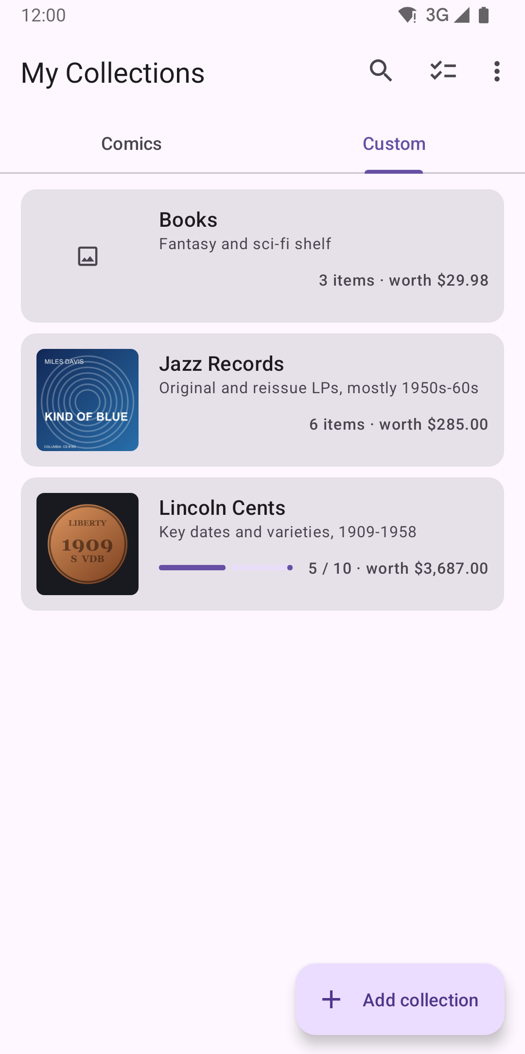 The Custom tab listing three collections — Books, Jazz Records and Lincoln Cents — each with an item count and total value.