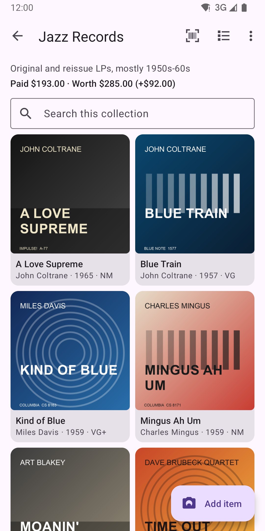 Collection Completionist showing a jazz record collection as a grid of album covers, with what it cost and what it's worth now.
