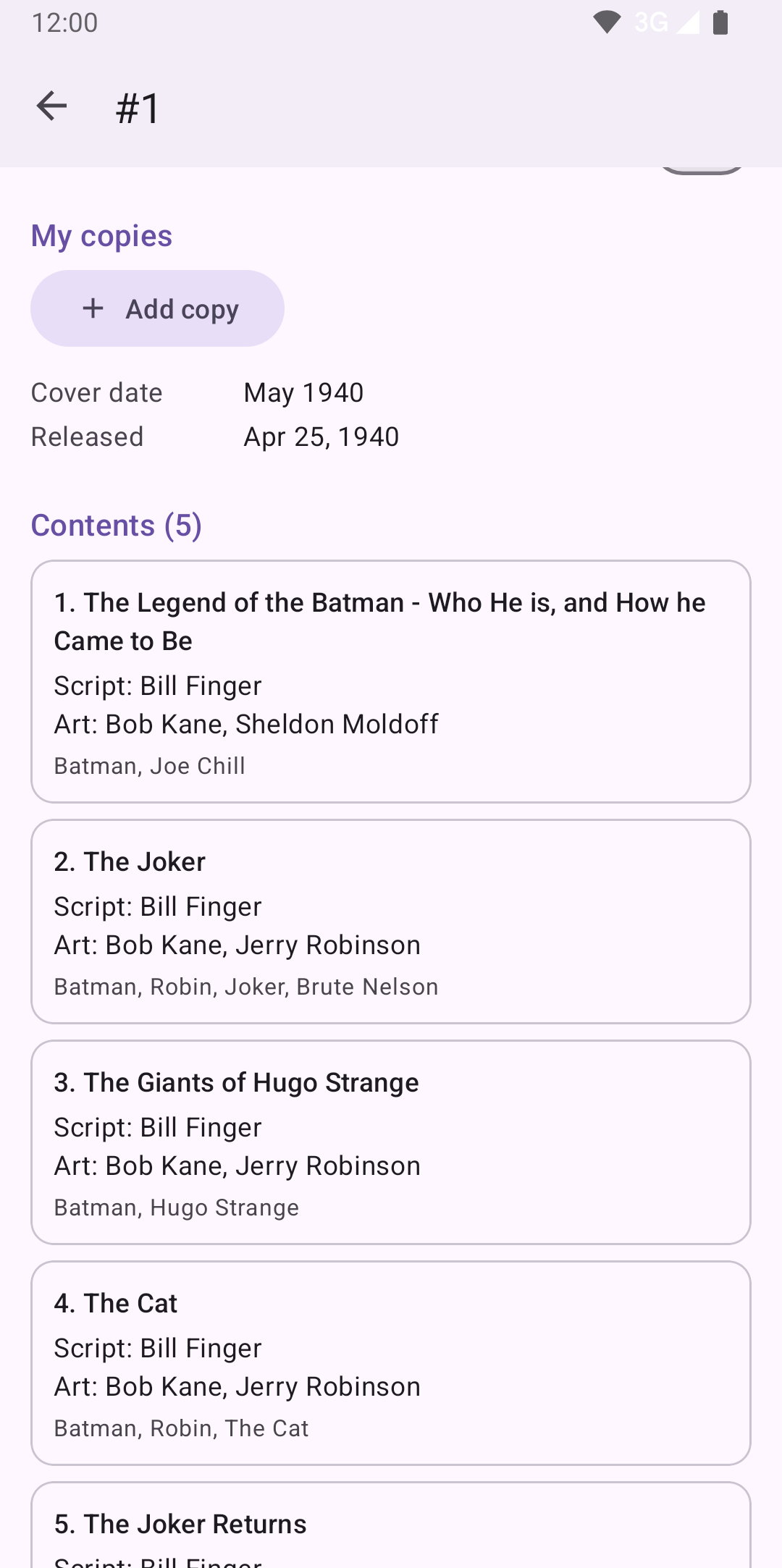 Batman #1 issue page listing all five stories with script and art credits and characters