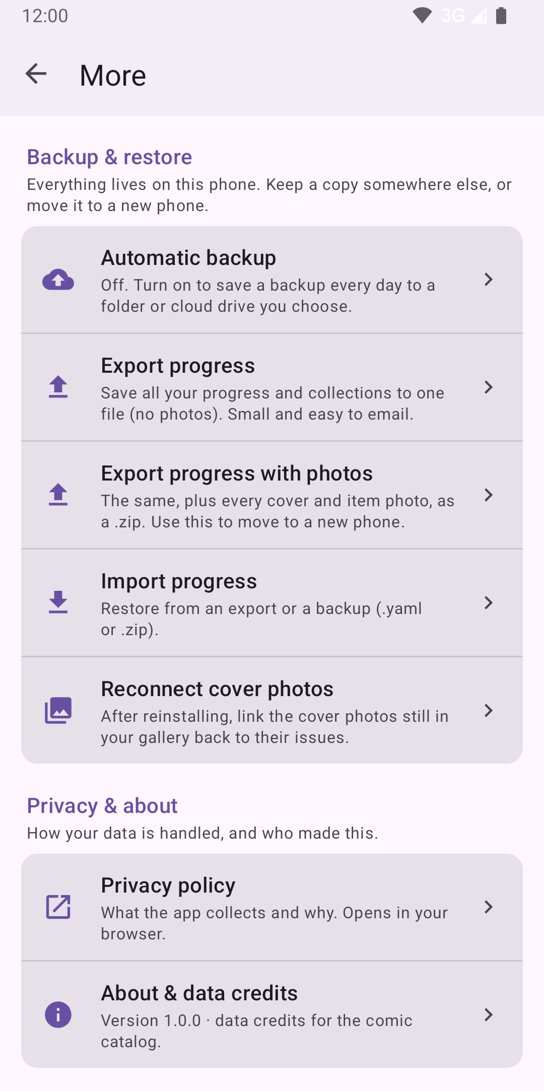 The More screen's Backup & restore and Privacy & about sections, each option explained in a line