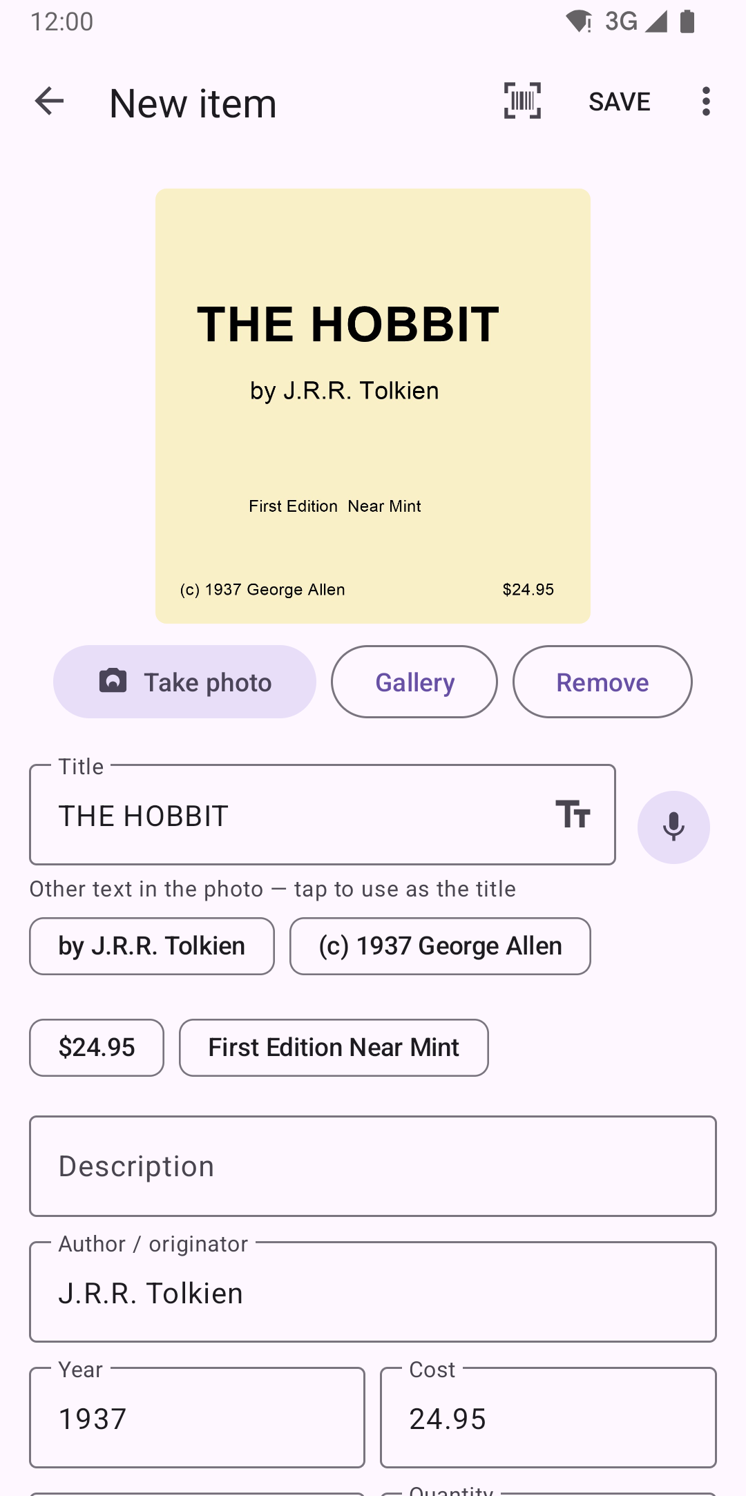 New item added from a book-cover photo, with title, author, year and price filled in automatically