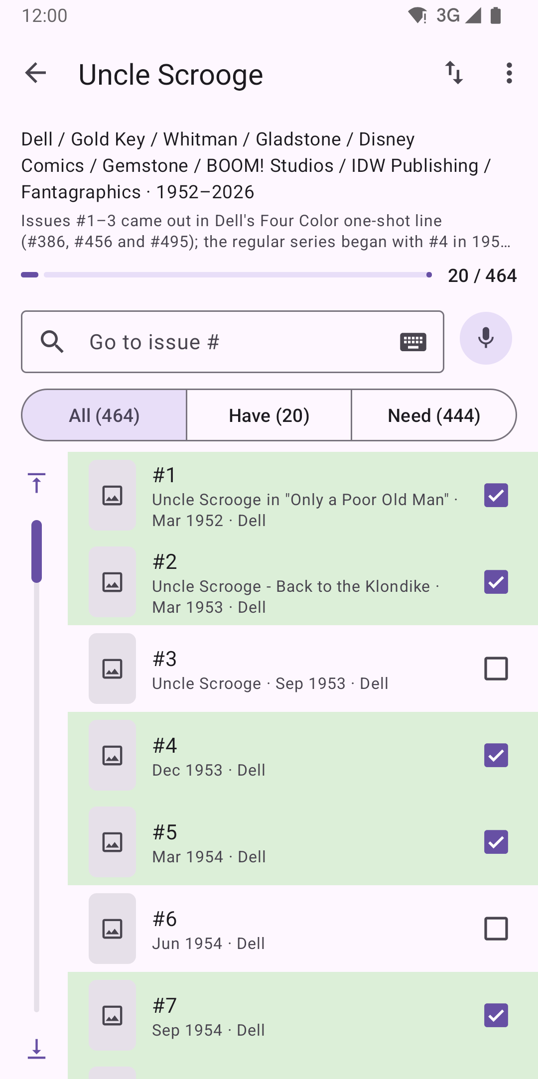 Uncle Scrooge issue list with owned issues shown in green and Have/Need counts
