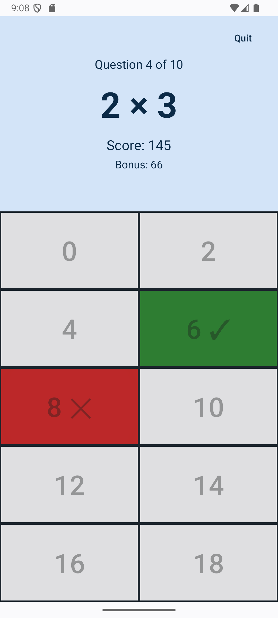 Answer reveal state with the correct tile in green and the wrong tile in red