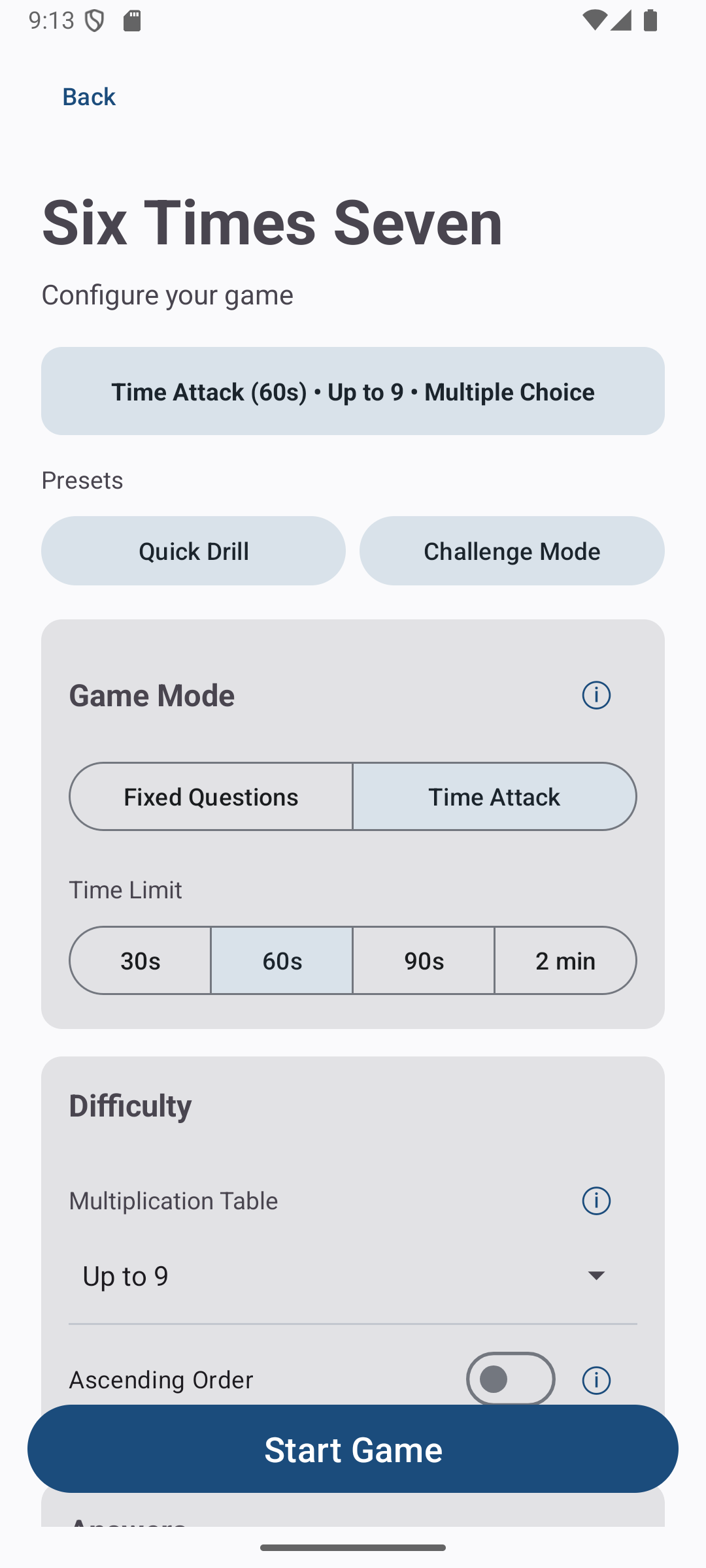 Configure Your Own Game screen with question count, mode, time limit, and factor range