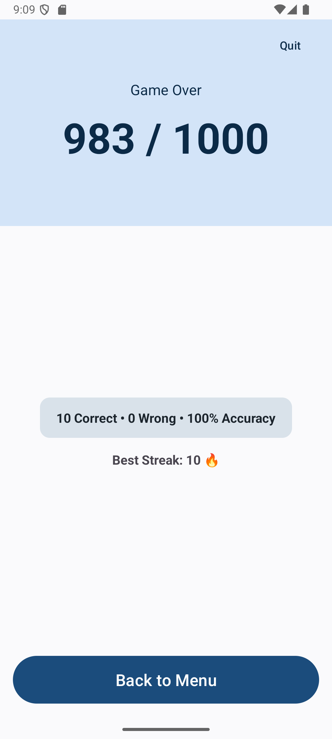 End-of-game recap with final score, accuracy, best streak, and a fact-review list