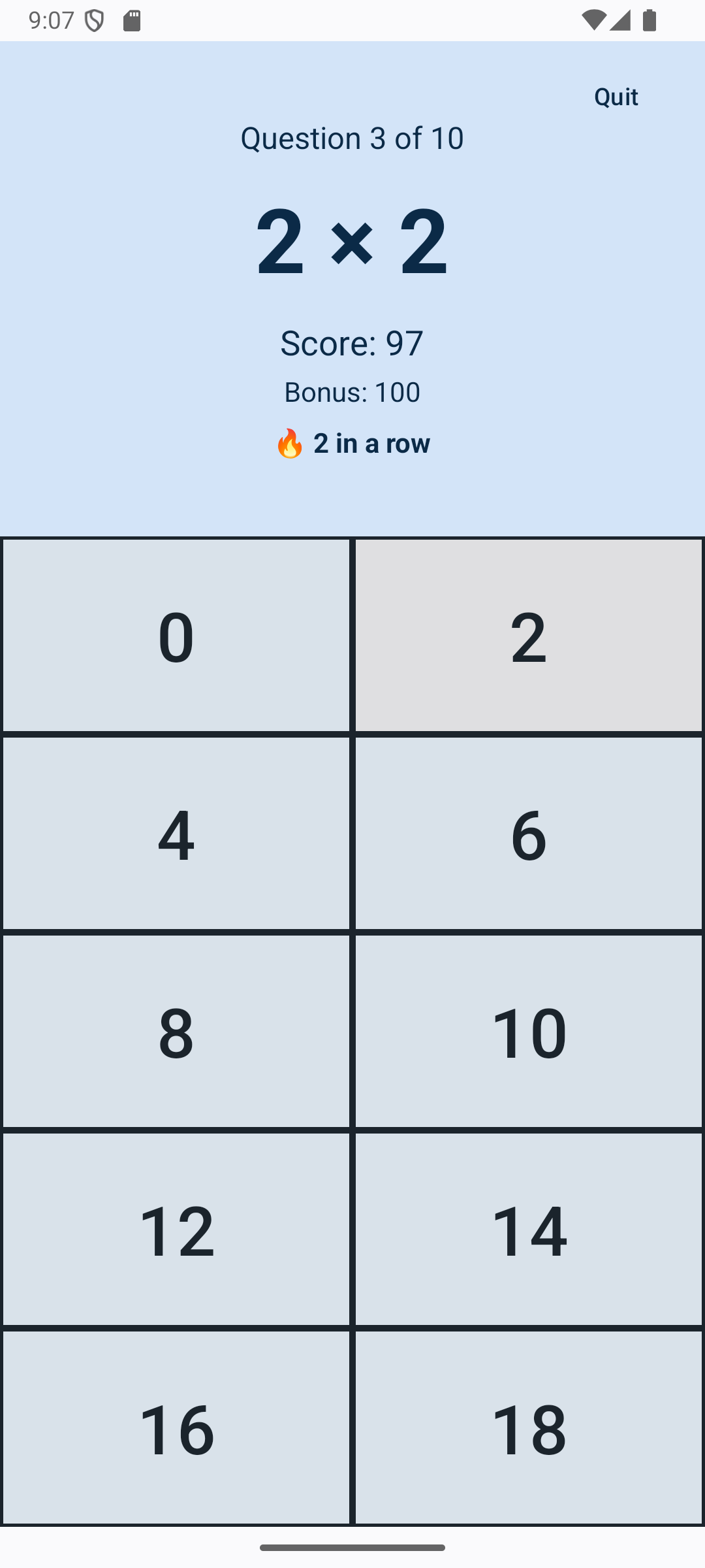 Mid-game multiple-choice question with an active win streak indicator