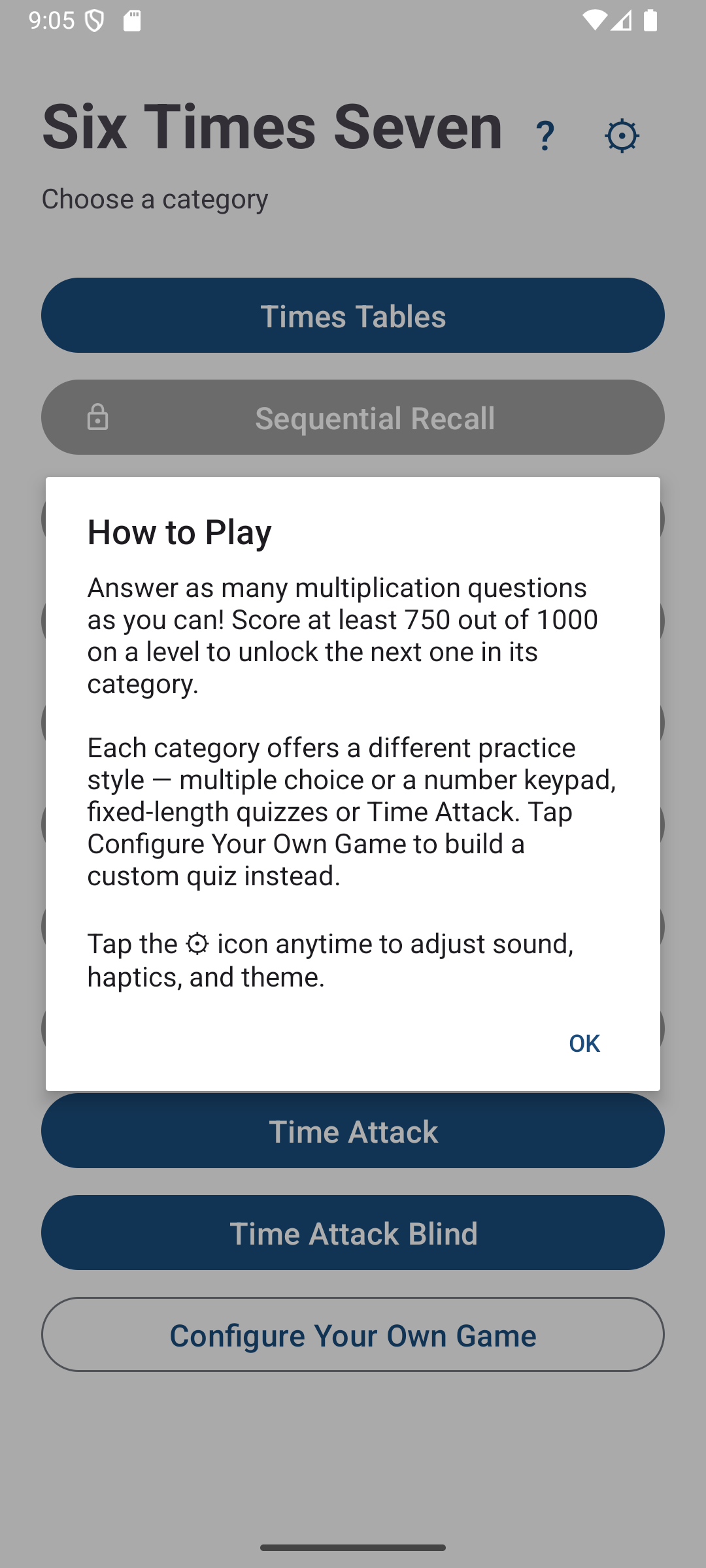 First-run How to Play dialog explaining scoring, categories, and settings