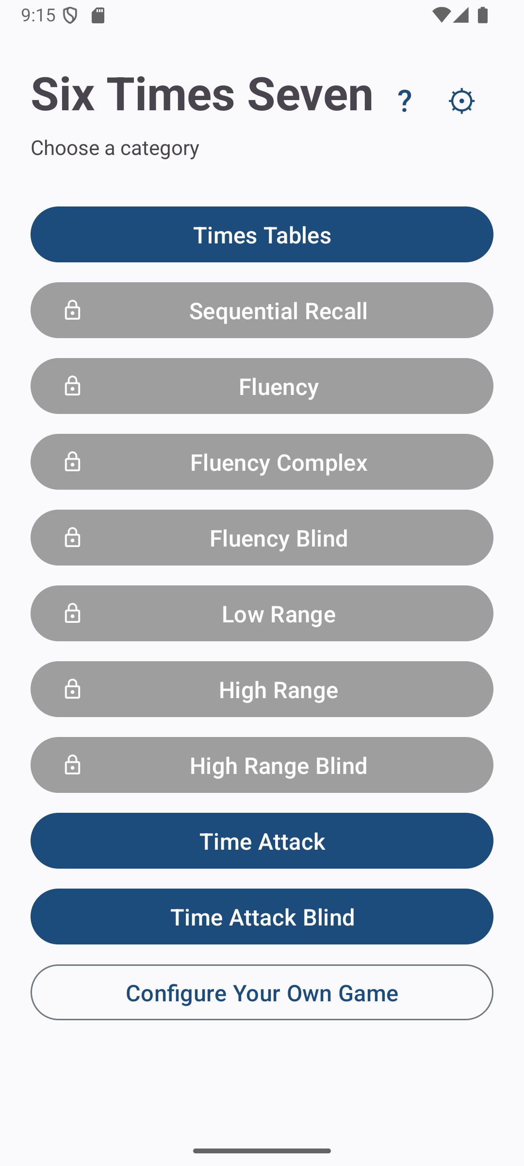 Main menu with one button per category, locked categories greyed out