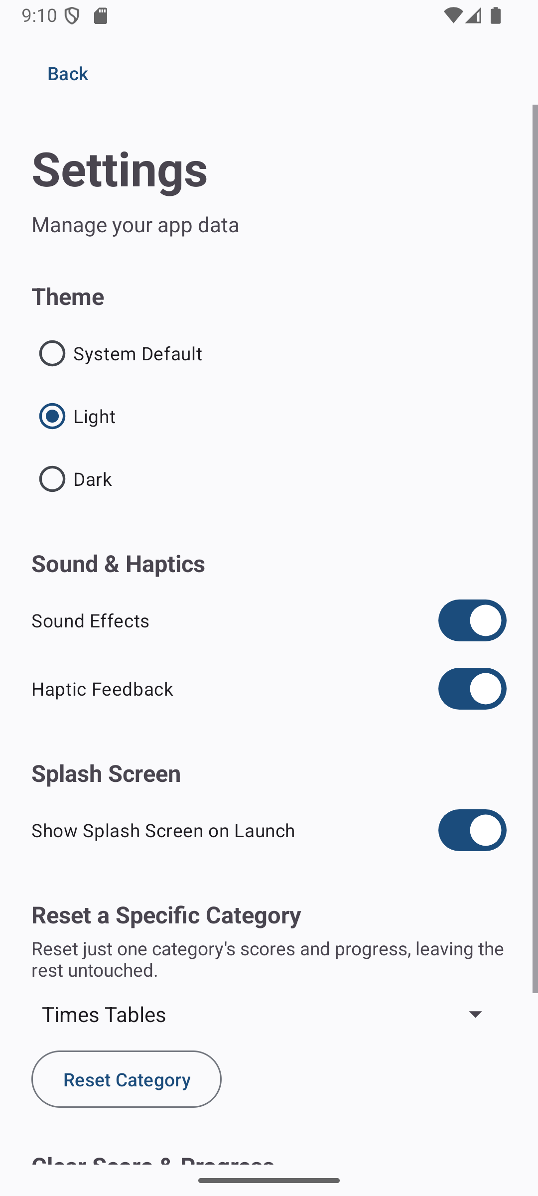 Settings screen with theme, sound, haptics, and per-category progress reset controls